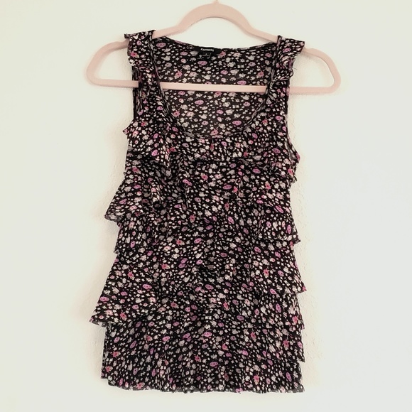 Pretty Express Lightweight Tiered Ruffles Floral Black Tank Top - Picture 1 of 10